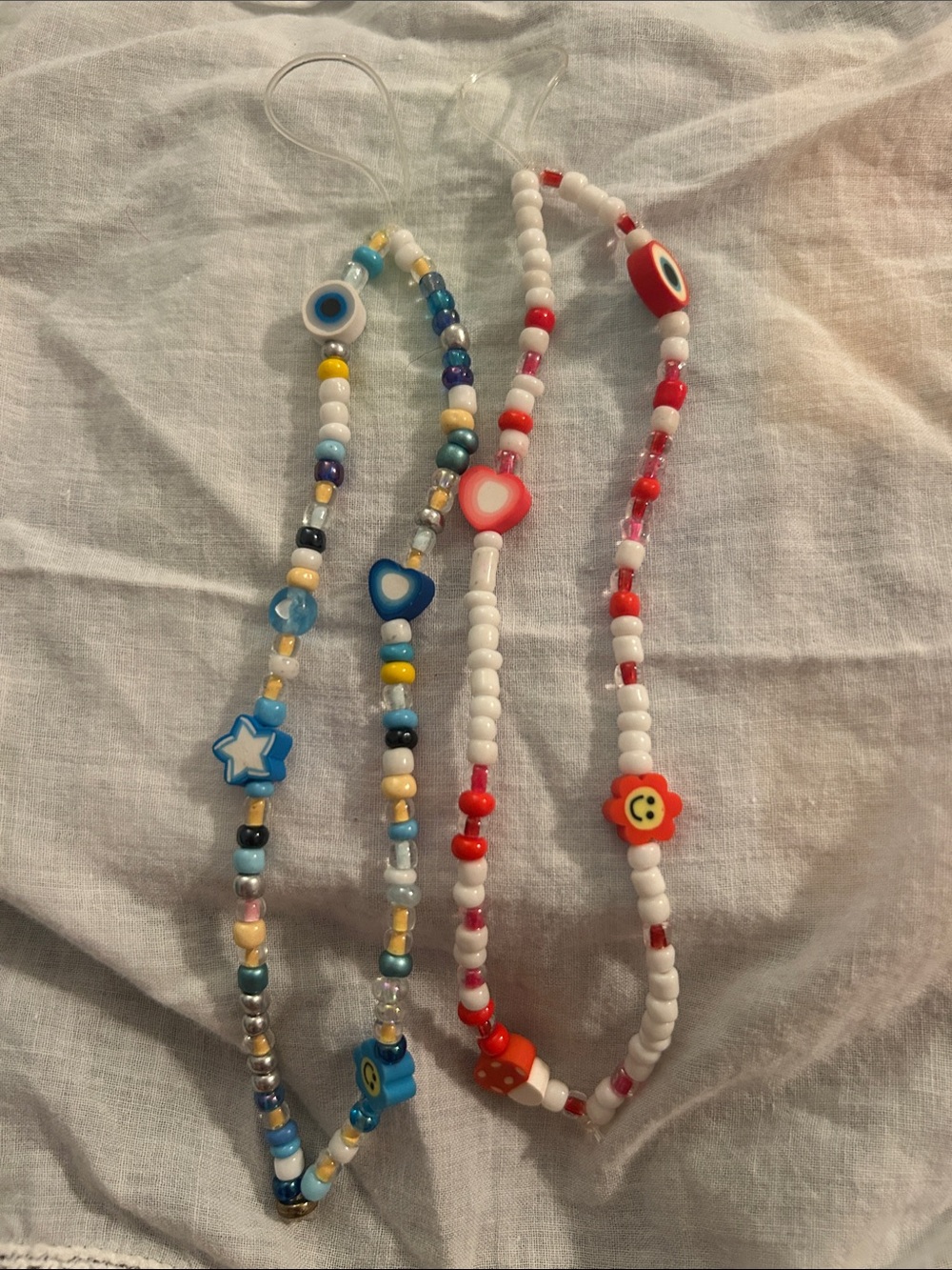 Handmade Red & Blue Flower Phone Charm- White, Blue, Red
